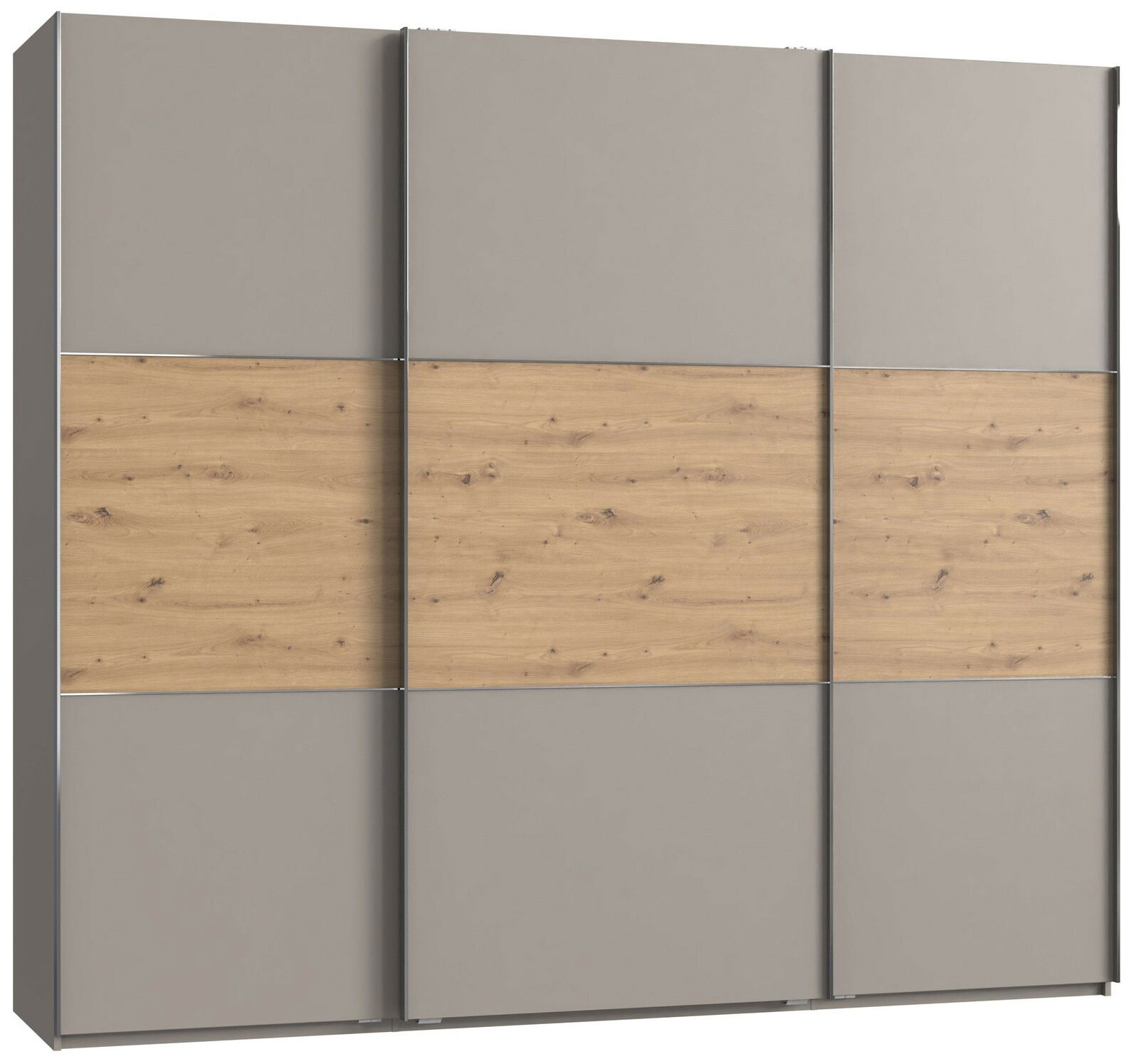 Schwebetürenschrank mit drei Türen in Holzoptik und grauen Paneelen, Frontalansicht