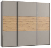 Schwebetürenschrank mit drei Türen in Holzoptik und grauen Paneelen, Frontalansicht