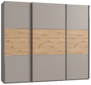 Schwebetürenschrank mit drei Türen in Holzoptik und grauen Paneelen, Frontalansicht