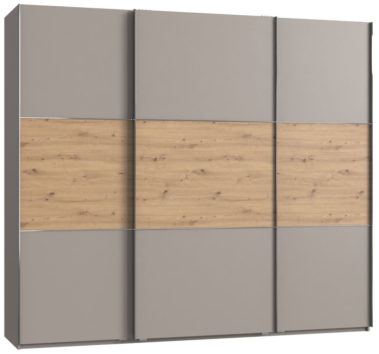 Schwebetürenschrank mit drei Türen in Holzoptik und grauen Paneelen, Frontalansicht