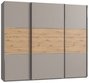Kast met drie zweefdeuren in houtlook en grijze panelen, vooraanzicht