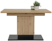 Moderner Esstisch aus Holz mit rechteckiger Tischplatte und zentralem Standfuß, dekoriert mit einer Pflanze und einem Glasgefäß, Frontalansicht.