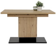 Moderner Esstisch aus Holz mit rechteckiger Tischplatte und zentralem Standfuß, dekoriert mit einer Pflanze und einem Glasgefäß, Frontalansicht.