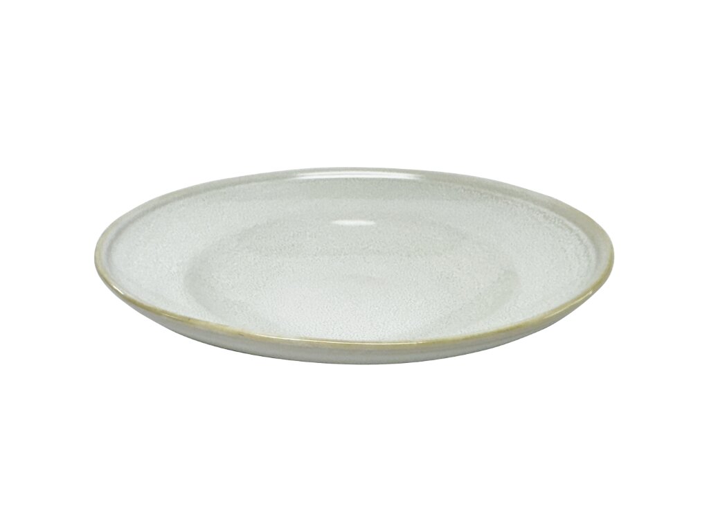 Crèmekleurig rond keramisch bord met subtiel gespikkeld glazuur en beige rand, schuin van voren bekeken