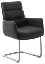 Moderner Freischwinger-Sessel mit grauem Stoffbezug und Metallgestell, seitliche Perspektive