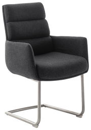 Moderner Freischwinger-Sessel mit grauem Stoffbezug und Metallgestell, seitliche Perspektive