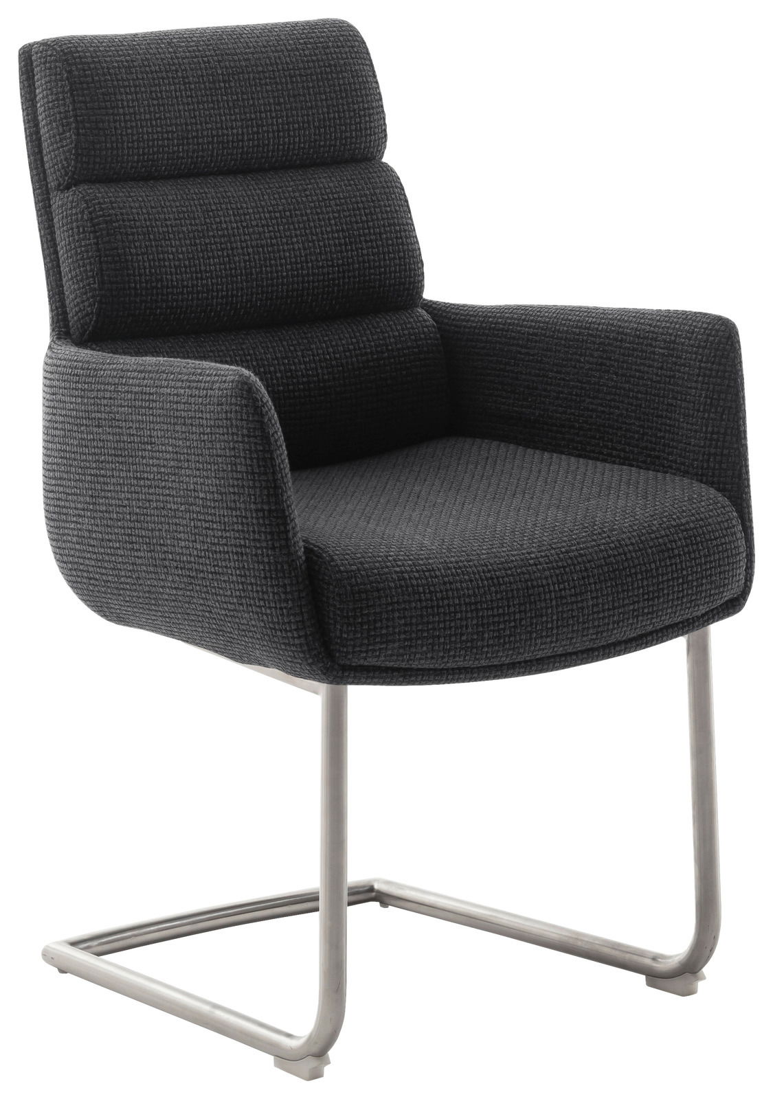 Moderner Freischwinger-Sessel mit grauem Stoffbezug und Metallgestell, seitliche Perspektive