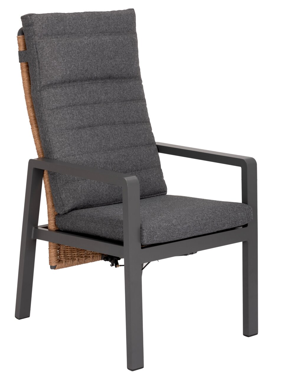 Moderne loungestoel met grijze bekleding en metalen frame, zijaanzicht