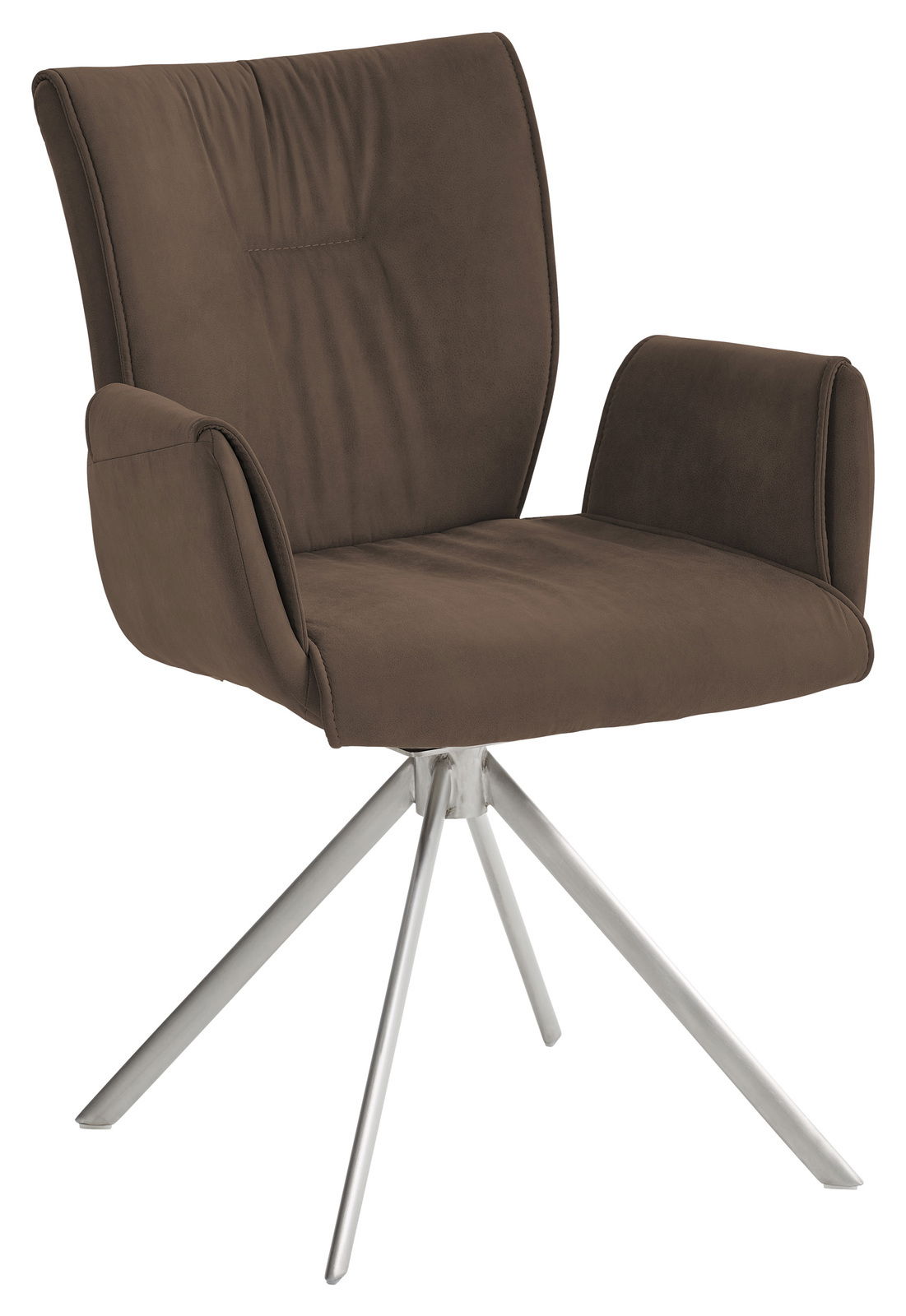 Moderner brauner Sessel mit Metallbeinen, seitliche Perspektive