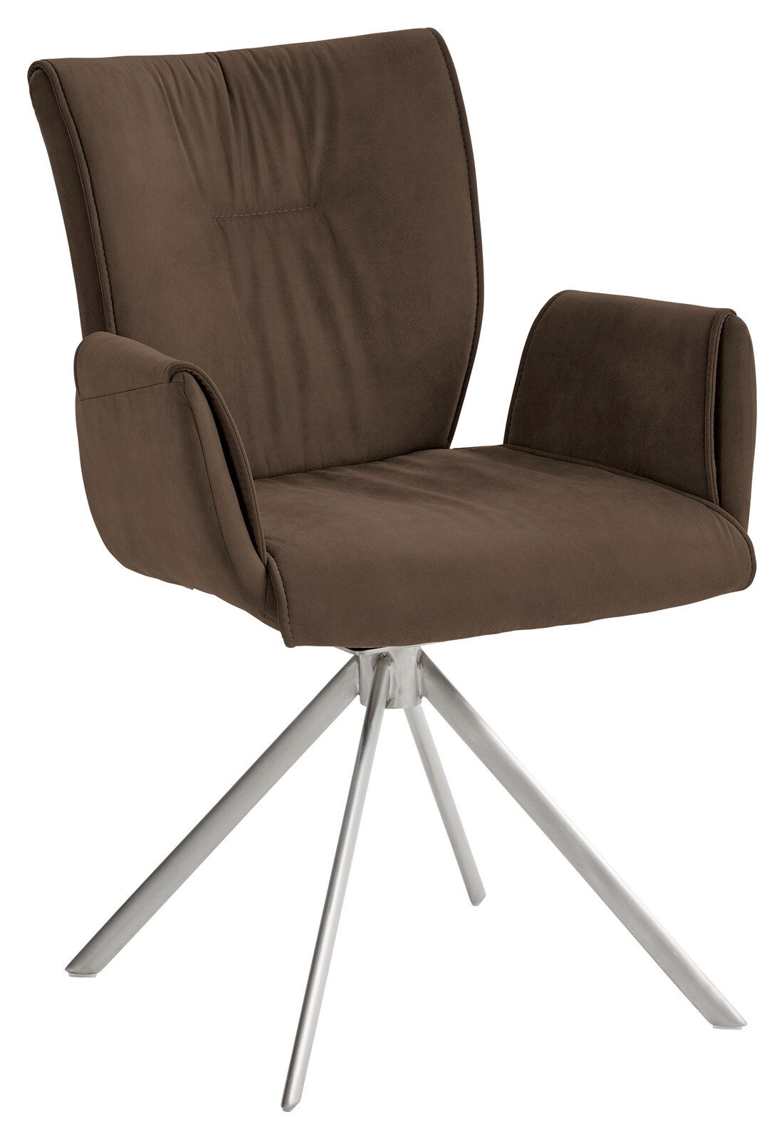 Moderner brauner Sessel mit Metallbeinen, seitliche Perspektive