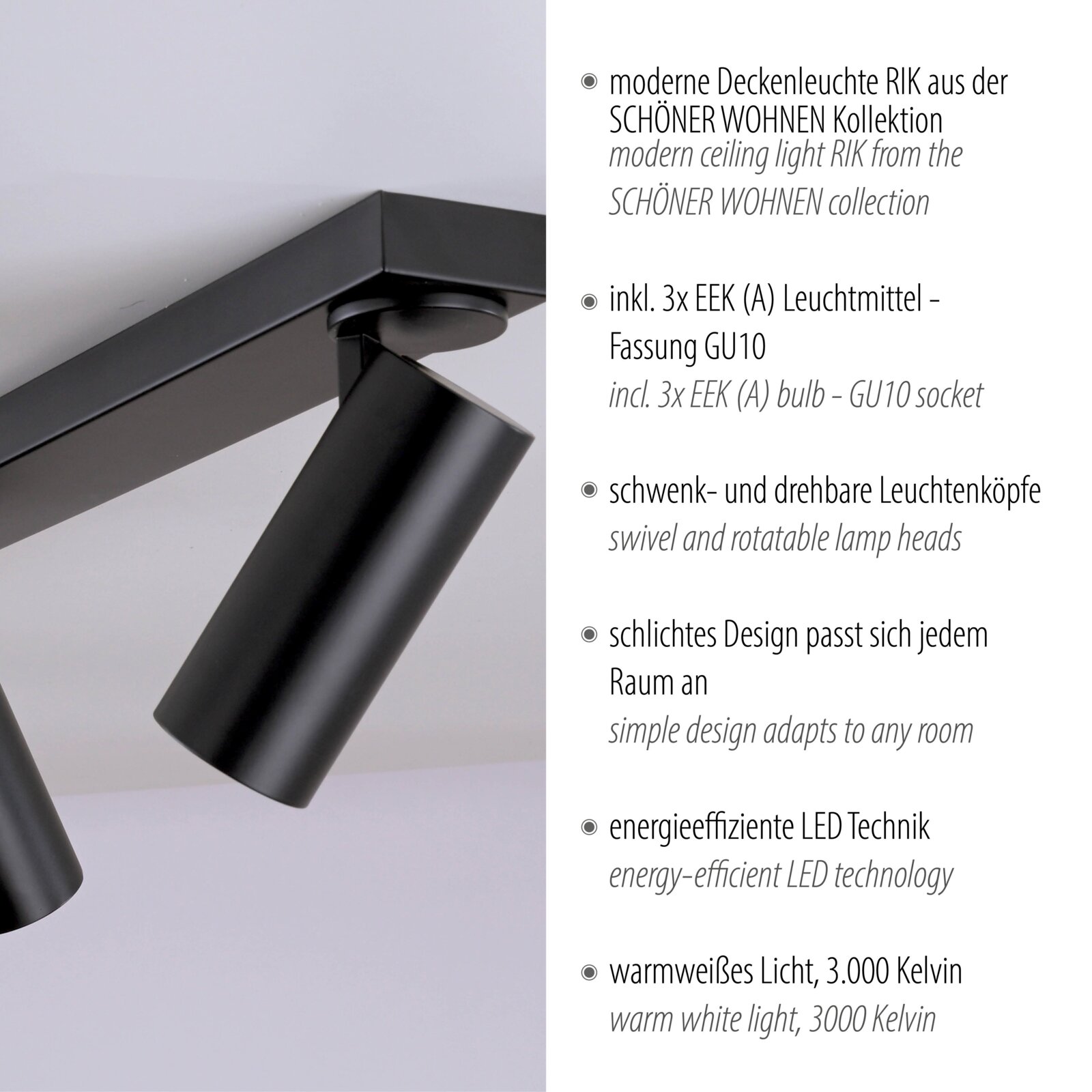Moderne schwarze Deckenleuchte RIK aus der SCHÖNER WOHNEN Kollektion mit schwenk- und drehbarem Spotkopf, Nahaufnahme aus seitlicher Untersicht.