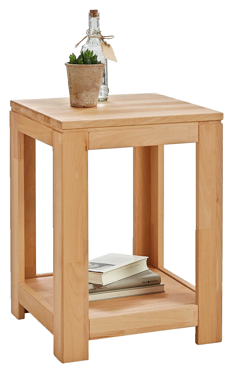 Beistelltisch aus Holz mit quadratischer Tischplatte, dekoriert mit einer kleinen Pflanze und einer Flasche, seitliche Perspektive