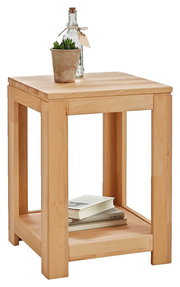 Beistelltisch aus Holz mit quadratischer Tischplatte, dekoriert mit einer kleinen Pflanze und einer Flasche, seitliche Perspektive