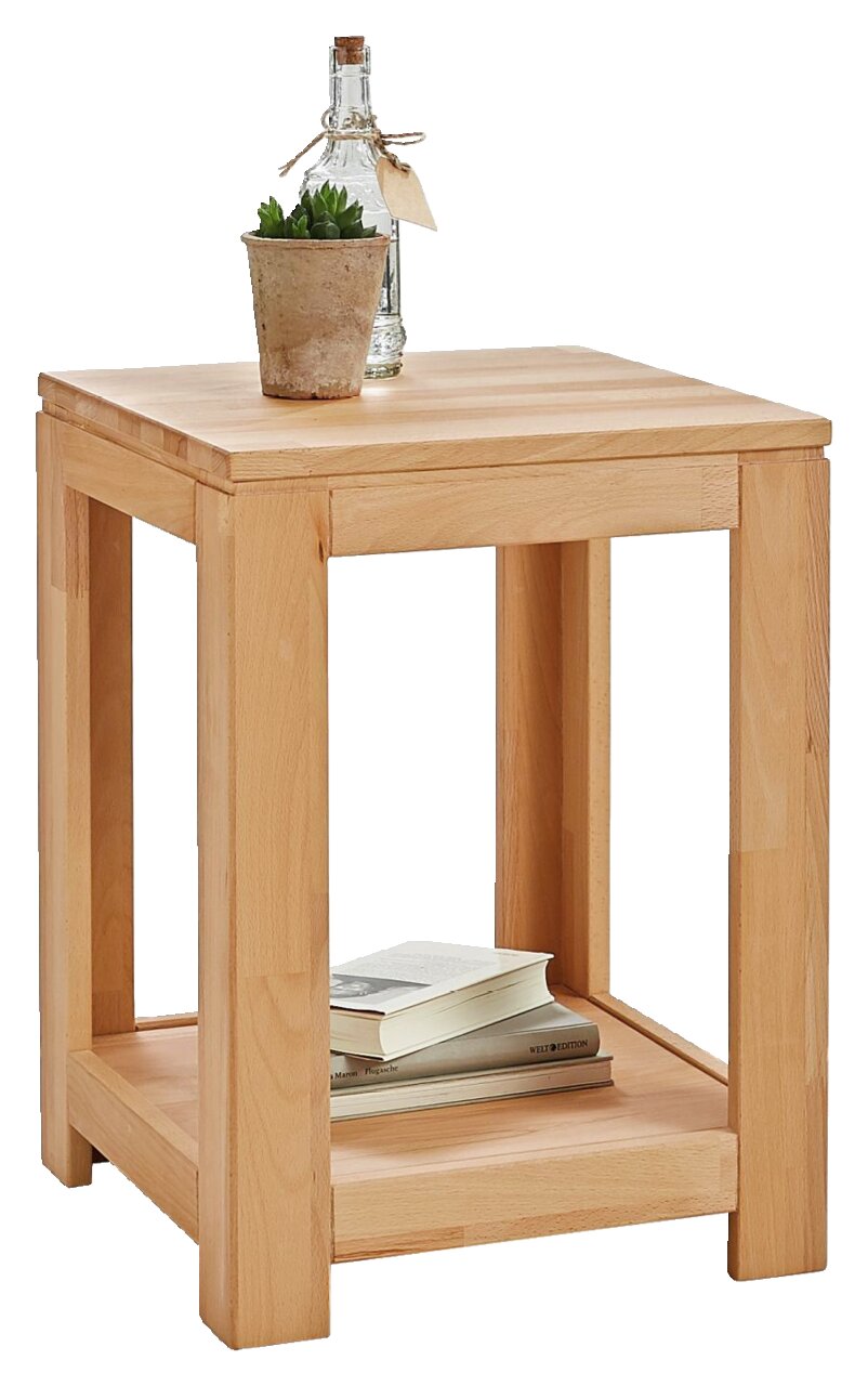 Beistelltisch aus Holz mit quadratischer Tischplatte, dekoriert mit einer kleinen Pflanze und einer Flasche, seitliche Perspektive