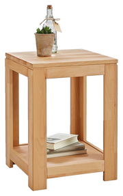 Beistelltisch aus Holz mit quadratischer Tischplatte, dekoriert mit einer kleinen Pflanze und einer Flasche, seitliche Perspektive