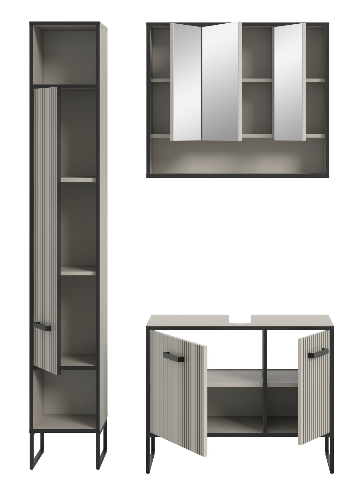 Moderne Badkombination bestehend aus einem hohen Schrank, einem Spiegelschrank und einem Waschtischunterschrank, frontal abgebildet. Die Möbel sind in einem eleganten, minimalistischen Design mit grauen und schwarzen Akzenten gehalten.
