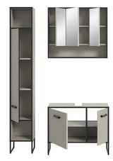 Moderne Badkombination bestehend aus einem hohen Schrank, einem Spiegelschrank und einem Waschtischunterschrank, frontal abgebildet. Die Möbel sind in einem eleganten, minimalistischen Design mit grauen und schwarzen Akzenten gehalten.