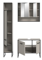 Moderne Badkombination bestehend aus einem hohen Schrank, einem Spiegelschrank und einem Waschtischunterschrank, frontal abgebildet. Die Möbel sind in einem eleganten, minimalistischen Design mit grauen und schwarzen Akzenten gehalten.