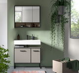 Moderne Badkombination mit Spiegelschrank und Waschbeckenunterschrank in Frontansicht, umgeben von Pflanzen und natürlichem Licht.