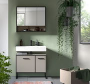 Moderne Badkombination mit Spiegelschrank und Waschbeckenunterschrank in Frontansicht, umgeben von Pflanzen und natürlichem Licht.