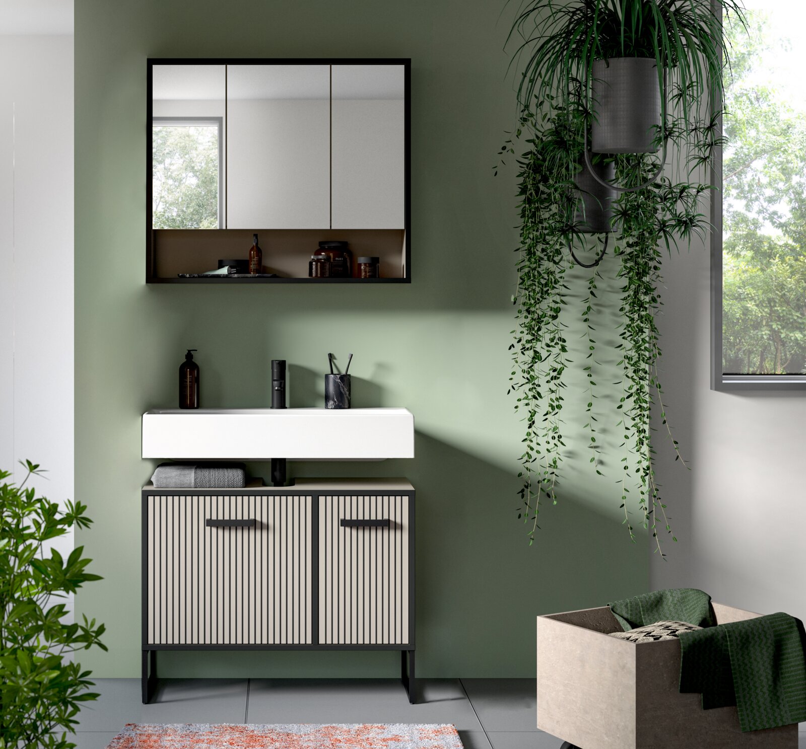 MID.YOU Badkombination BAGNO Moderne Badkombination mit Spiegelschrank und Waschbeckenunterschrank in Frontansicht, umgeben von Pflanzen und natürlichem Licht.
