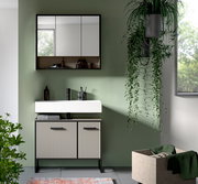 Moderne Badkombination mit Spiegelschrank und Waschbeckenunterschrank in Frontansicht, umgeben von Pflanzen und natürlichem Licht.
