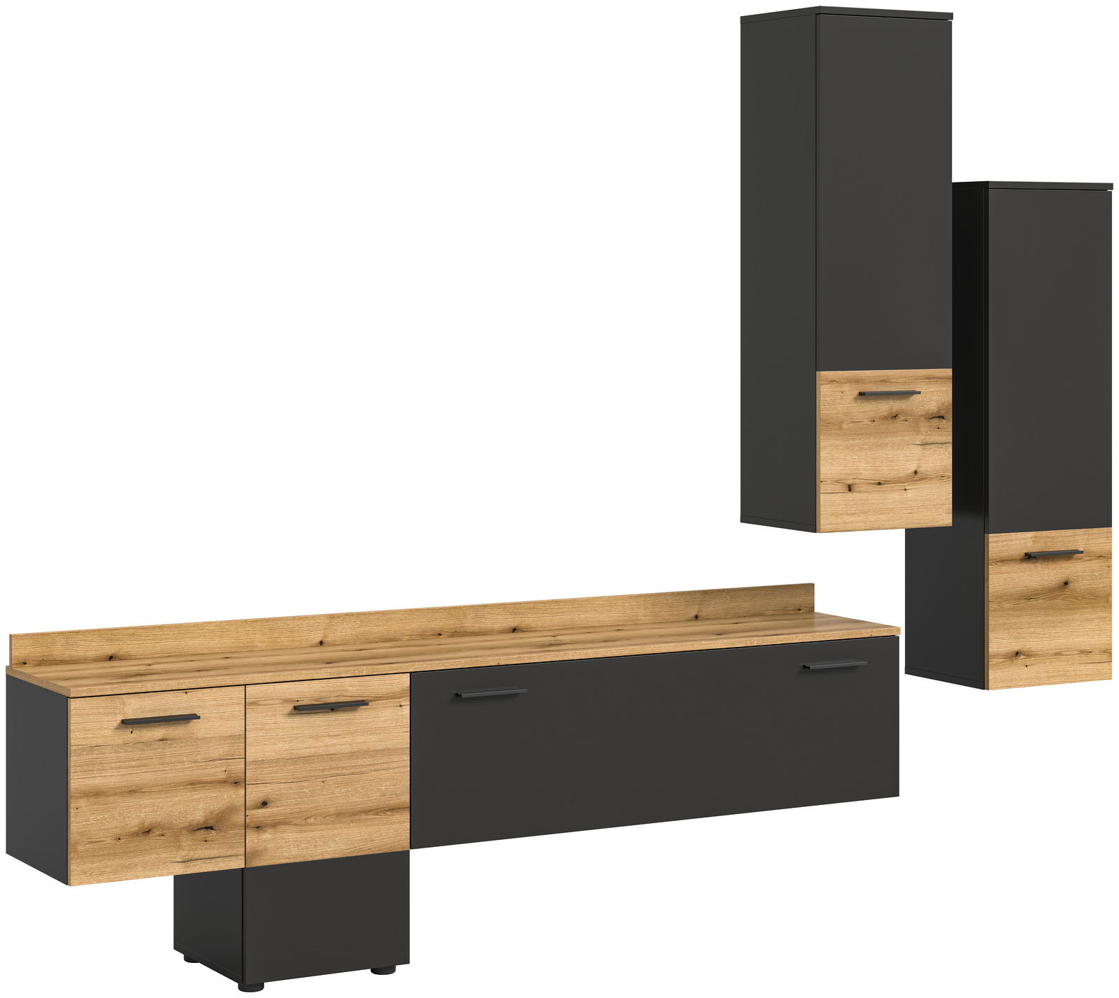Moderne Wohnwand in Holzoptik und Schwarz, bestehend aus mehreren Schränken und Regalen, frontal abgebildet.
