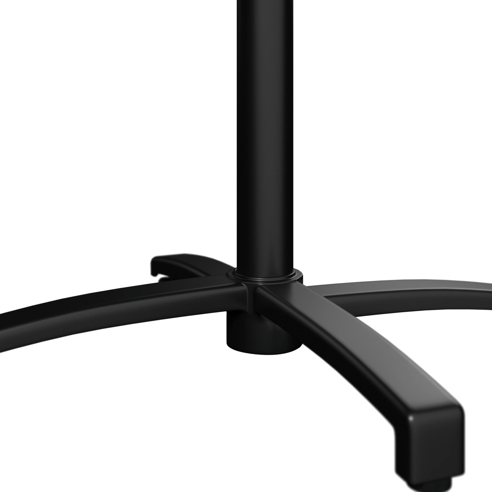 Nahaufnahme eines schwarzen Stehtischfußes mit vier Beinen, von der Seite betrachtet.