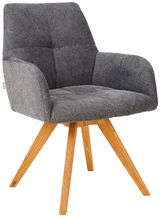 Grauer Armlehnstuhl mit Holzbeinen, seitliche Perspektive