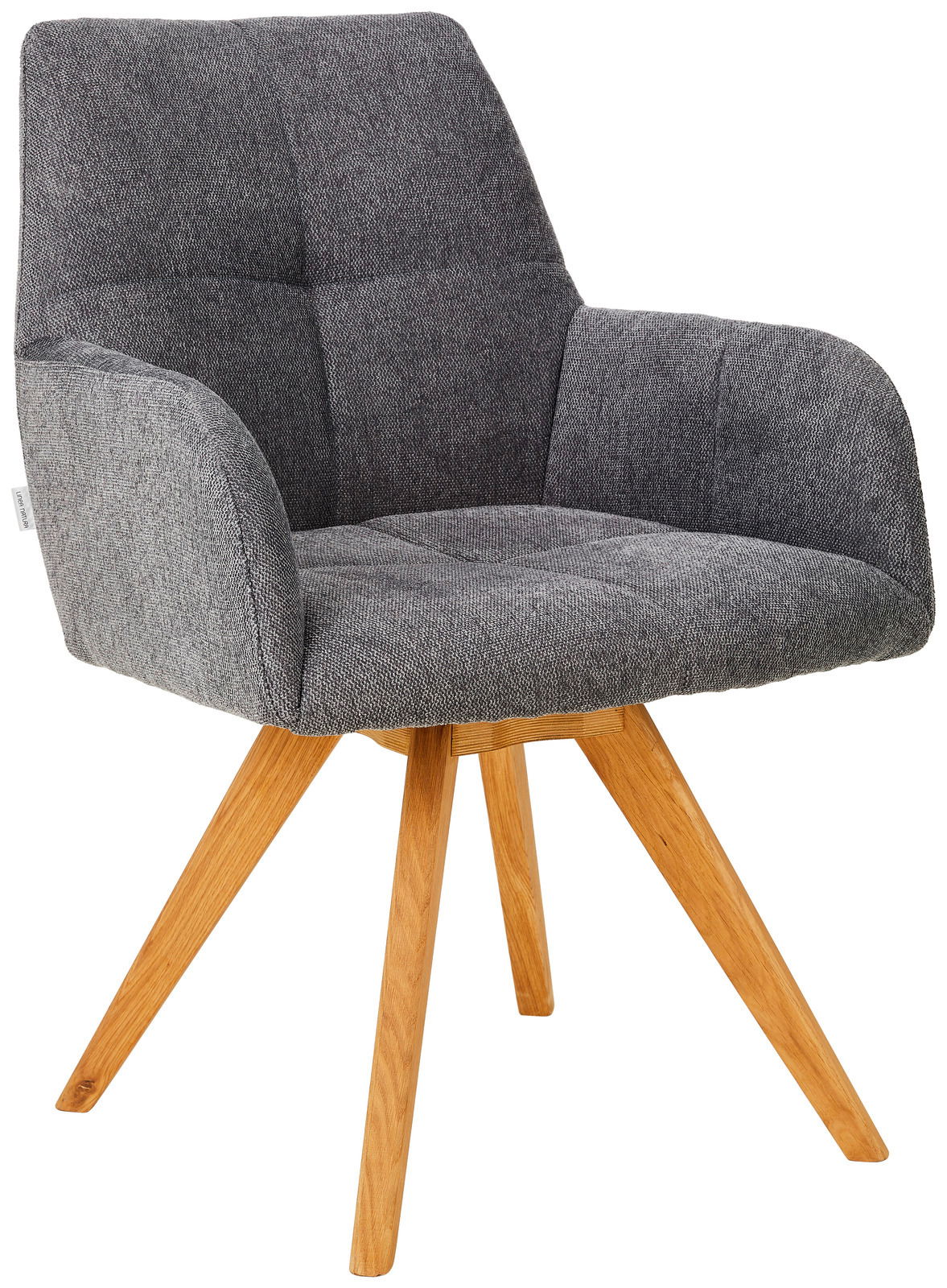 Grauer Armlehnstuhl mit Holzbeinen, seitliche Perspektive