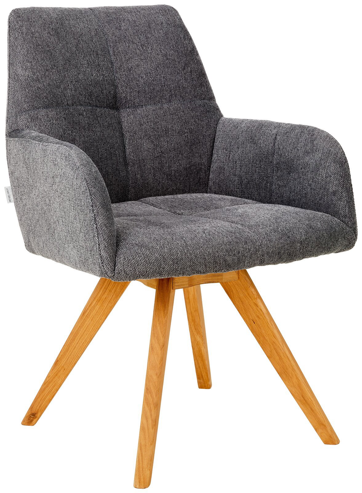 Grauer Armlehnstuhl mit Holzbeinen, seitliche Perspektive