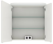 Offener Spiegelschrank mit zwei Glaseinlegeböden und integrierter Steckdose, Frontalansicht