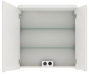 Offener Spiegelschrank mit zwei Glaseinlegeböden und integrierter Steckdose, Frontalansicht