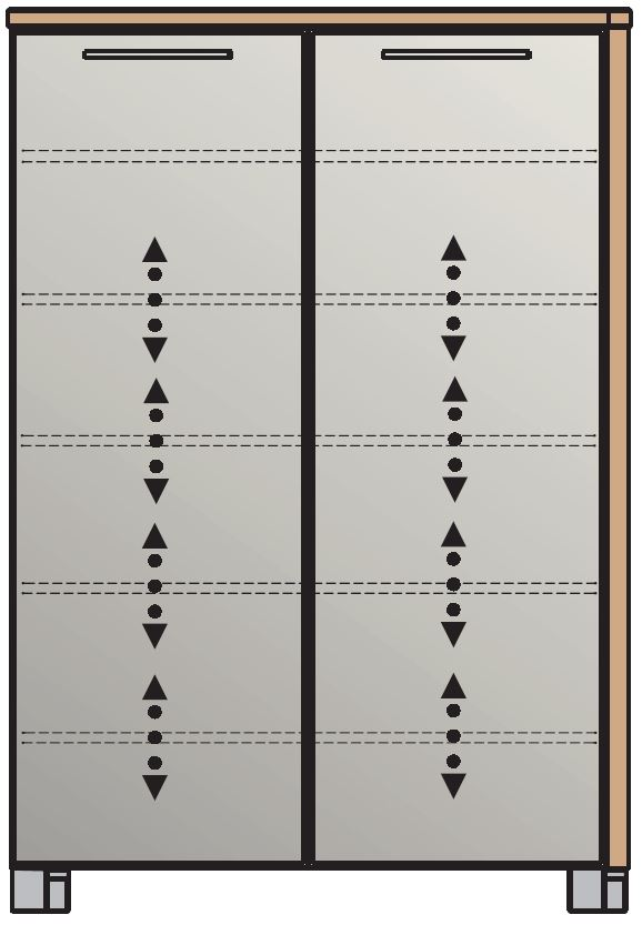 Hoch-Schuhkommode mit zwei Türen, Frontansicht, modernes Design mit geometrischen Mustern.