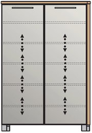 Hoch-Schuhkommode mit zwei Türen, Frontansicht, modernes Design mit geometrischen Mustern.