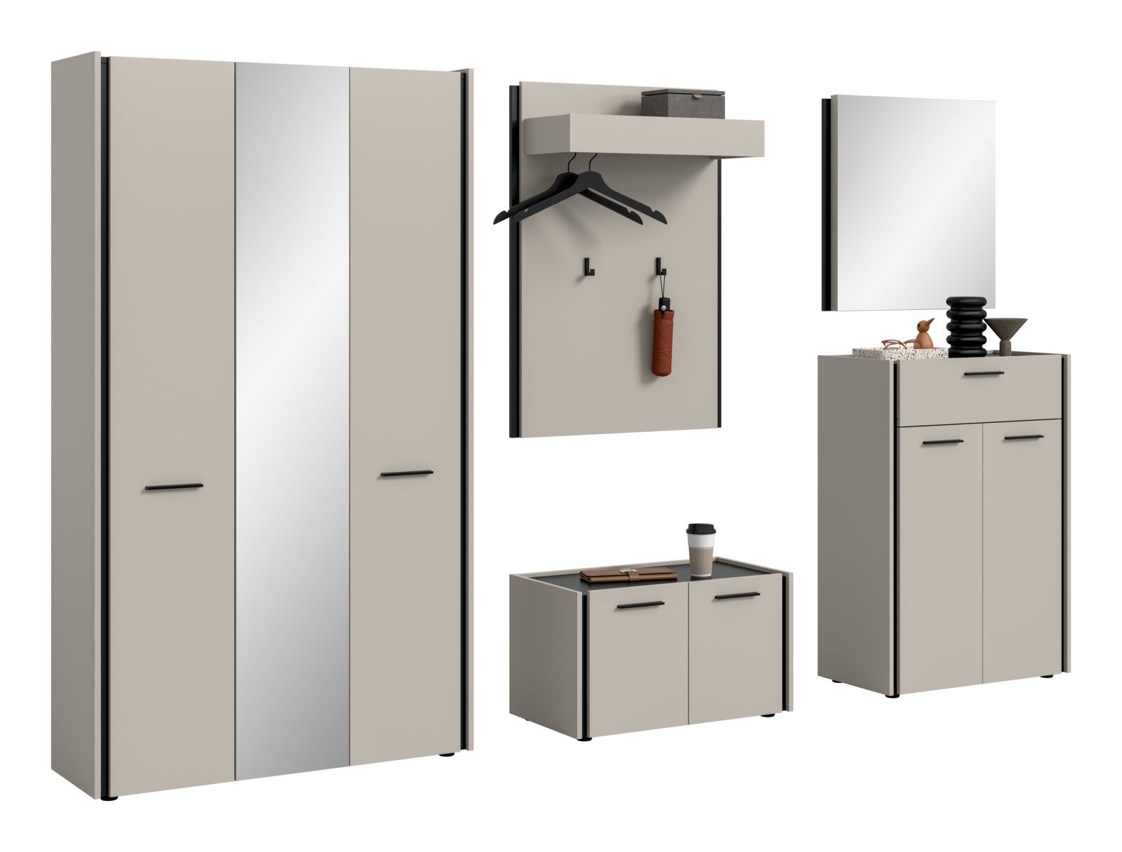 MID.YOU Garderobenkombination EMIL Modernes Garderoben-Set in Beige und Hellgrau mit Schrank, Wandpaneel mit Ablage und Haken, Spiegel sowie Schuhschrank, Frontansicht leicht schräg von vorn auf weißem Hintergrund.