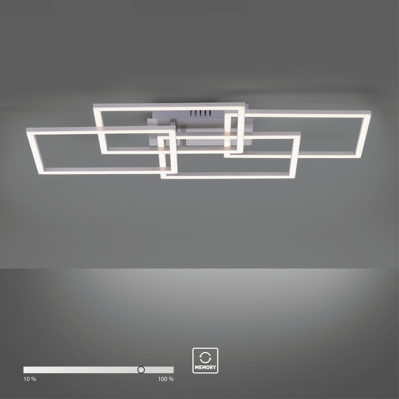 Moderne plafondlamp IVEN met geometrisch ontwerp, rechthoekige led-frames, gezien van onderaf.