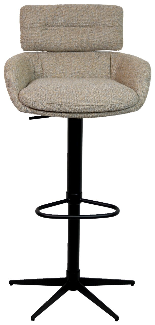 Moderner Barhocker mit gepolstertem Sitz und Rückenlehne in beige, schwarzem Metallgestell und Fußstütze, Frontalansicht.