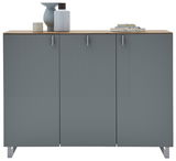 Moderner XL-Schuhschrank in Grau mit drei Türen, dekoriert mit Vasen und Büchern, Frontalansicht