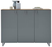 Moderner XL-Schuhschrank in Grau mit drei Türen, dekoriert mit Vasen und Büchern, Frontalansicht