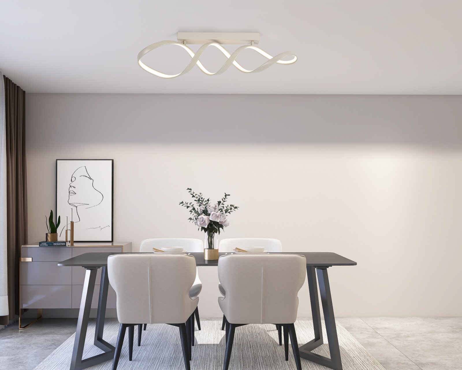 Moderne LED-Deckenleuchte mit geschwungenem Design, von unten betrachtet in einem stilvollen Esszimmer.