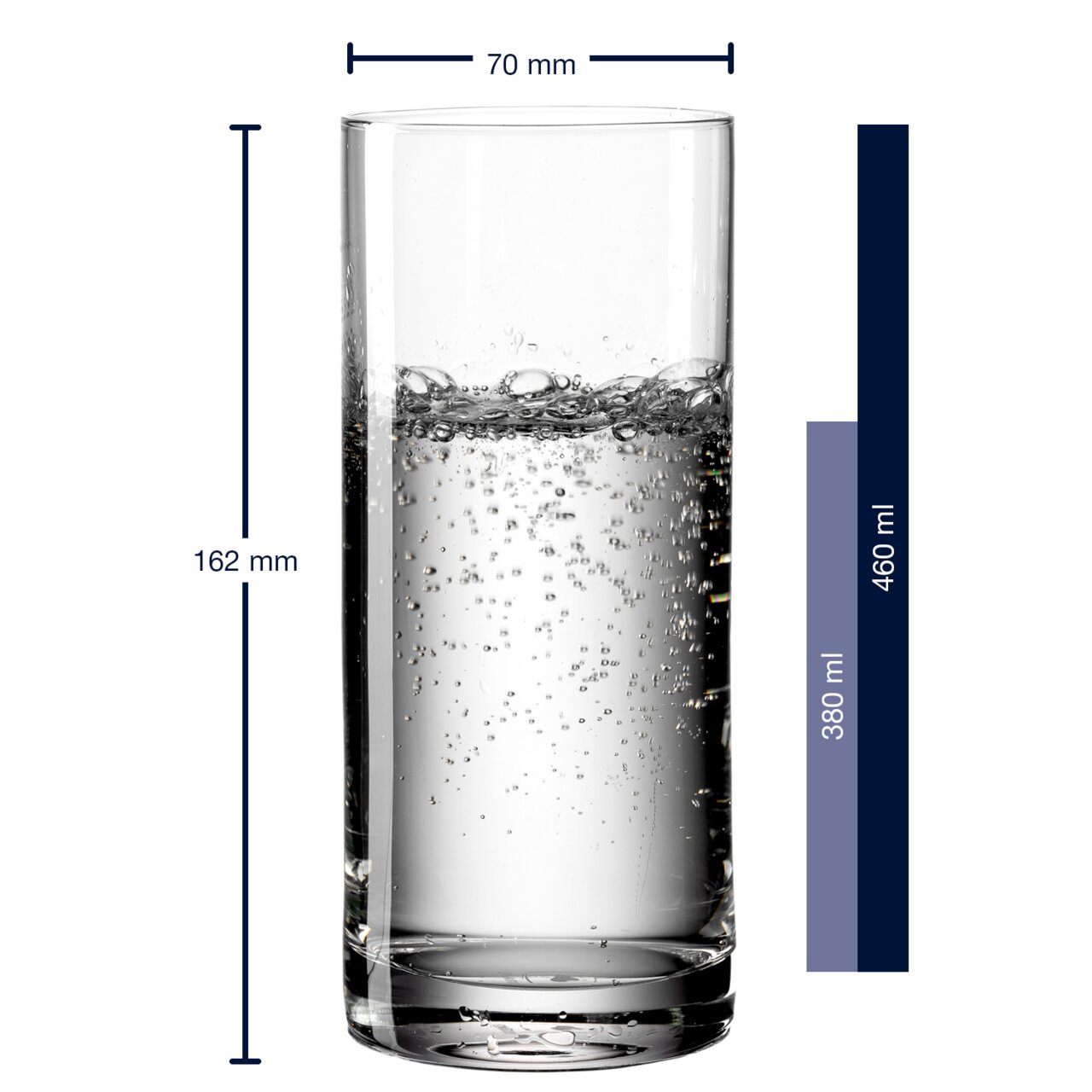 Leonardo Trinkglas EASY Trinkglas Easy+ 460ml, zylindrische Form, gefüllt mit sprudelndem Wasser, seitliche Ansicht