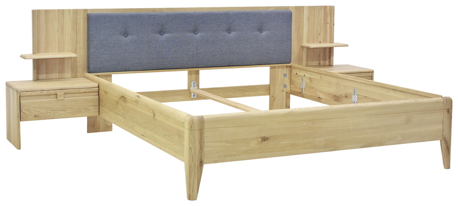 Holzbettgestell mit grauem, gepolstertem Kopfteil und integrierten Nachttischen, seitliche Perspektive