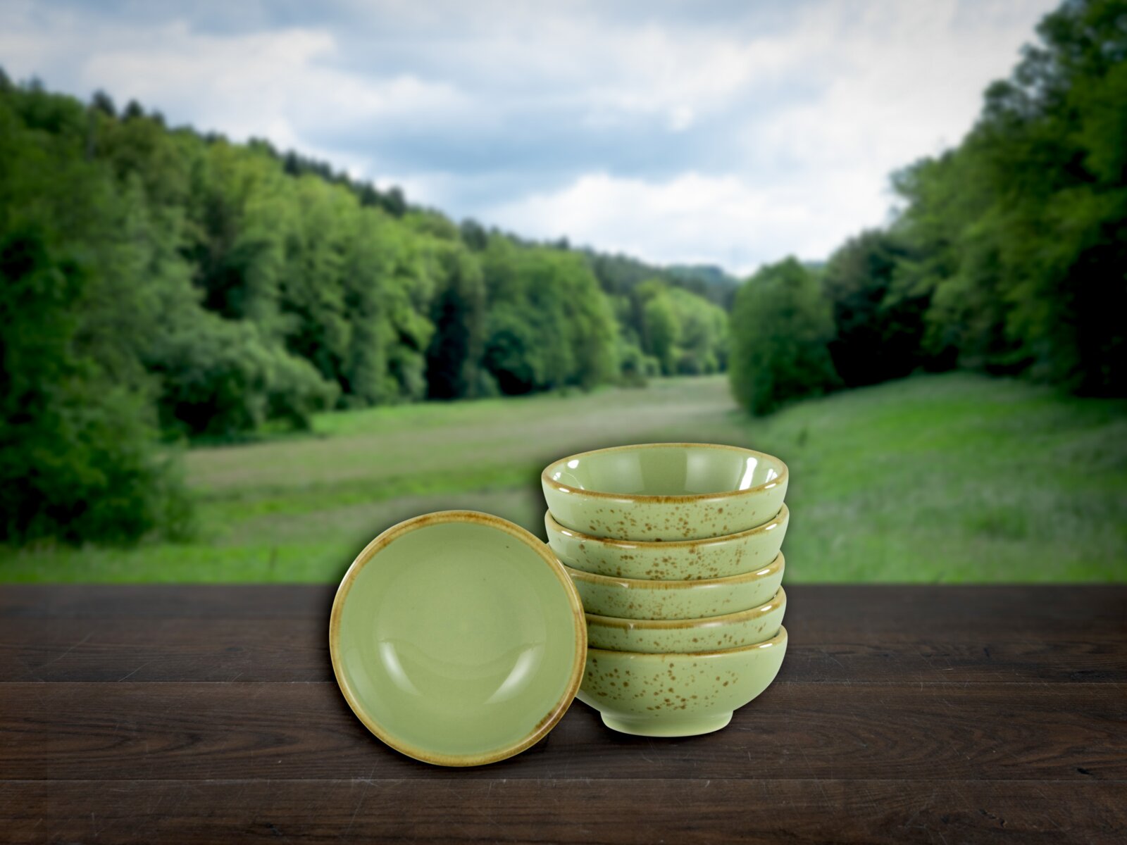 Stapel aus fünf grünen, gesprenkelten Keramikschalen mit braunem Rand auf Holztisch vor unscharfer Wiesen- und Waldlandschaft; Perspektive: leicht von vorn und etwas von oben