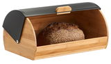 Brotkasten aus Holz mit schwarzem Deckel, gefüllt mit einem Laib Brot, seitliche Perspektive