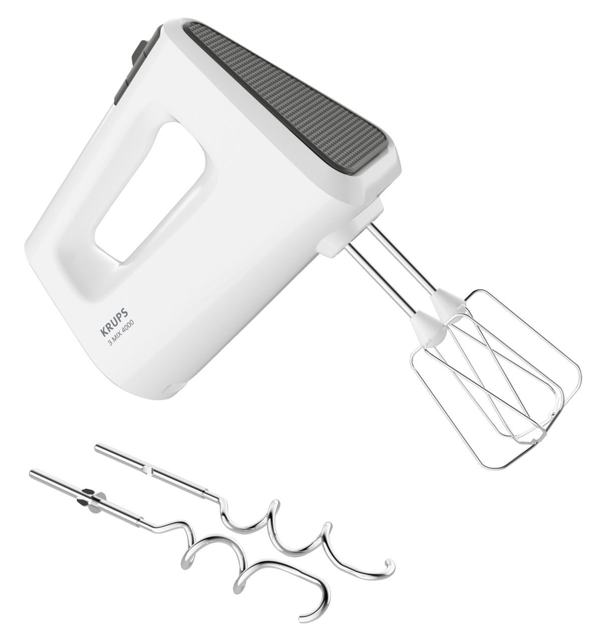 Weißer Handmixer 3Mix 4000 von Krups mit zwei Rührbesen und zwei Knethaken, seitliche Perspektive