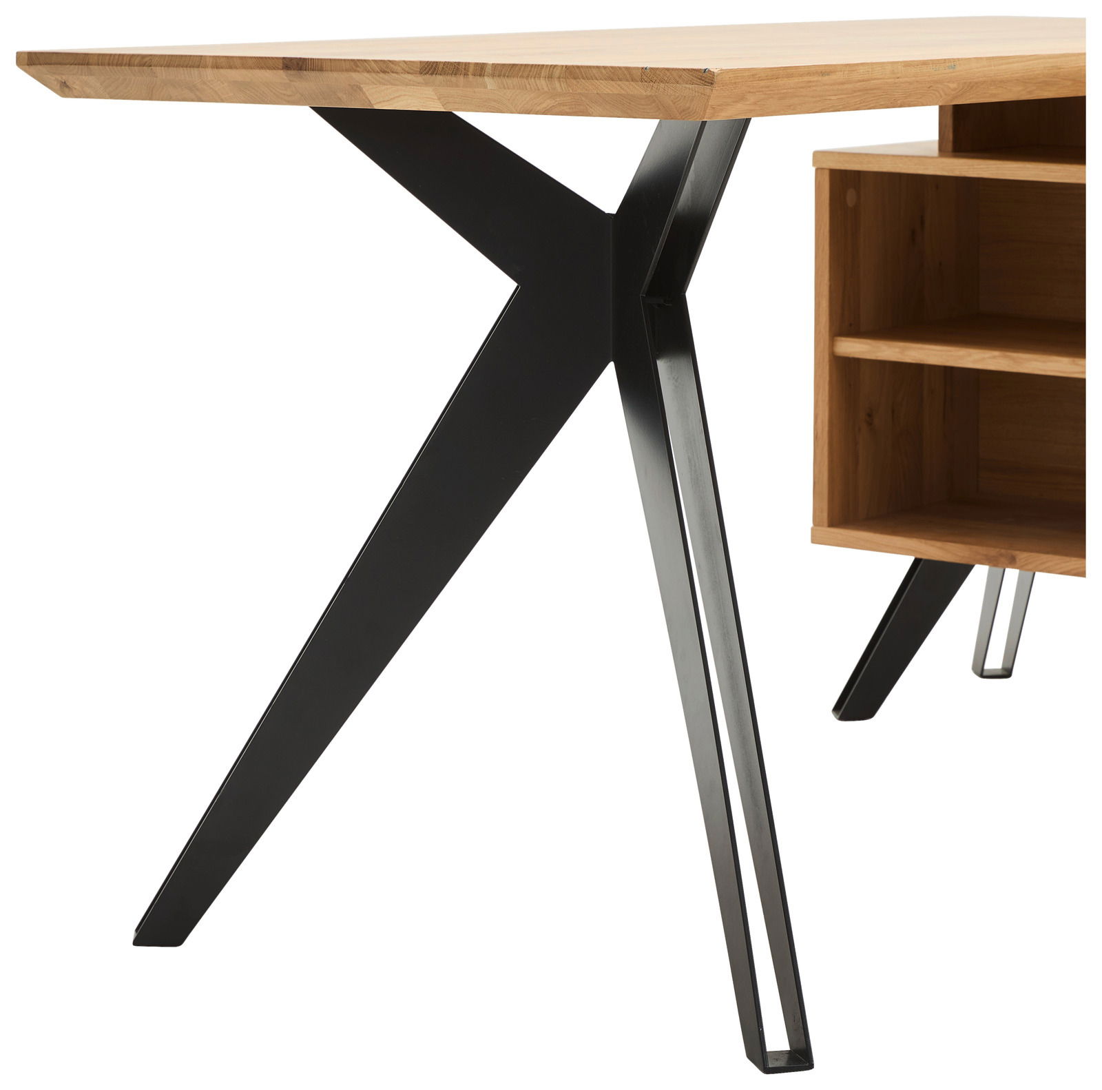 Moderner Eck-Schreibtisch mit schwarzem Metallgestell und Holzoberfläche, seitliche Perspektive