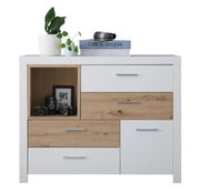 Moderne Kommode mit weißem und holzfarbenem Design, dekoriert mit Pflanzen und Büchern, aus frontaler Perspektive.