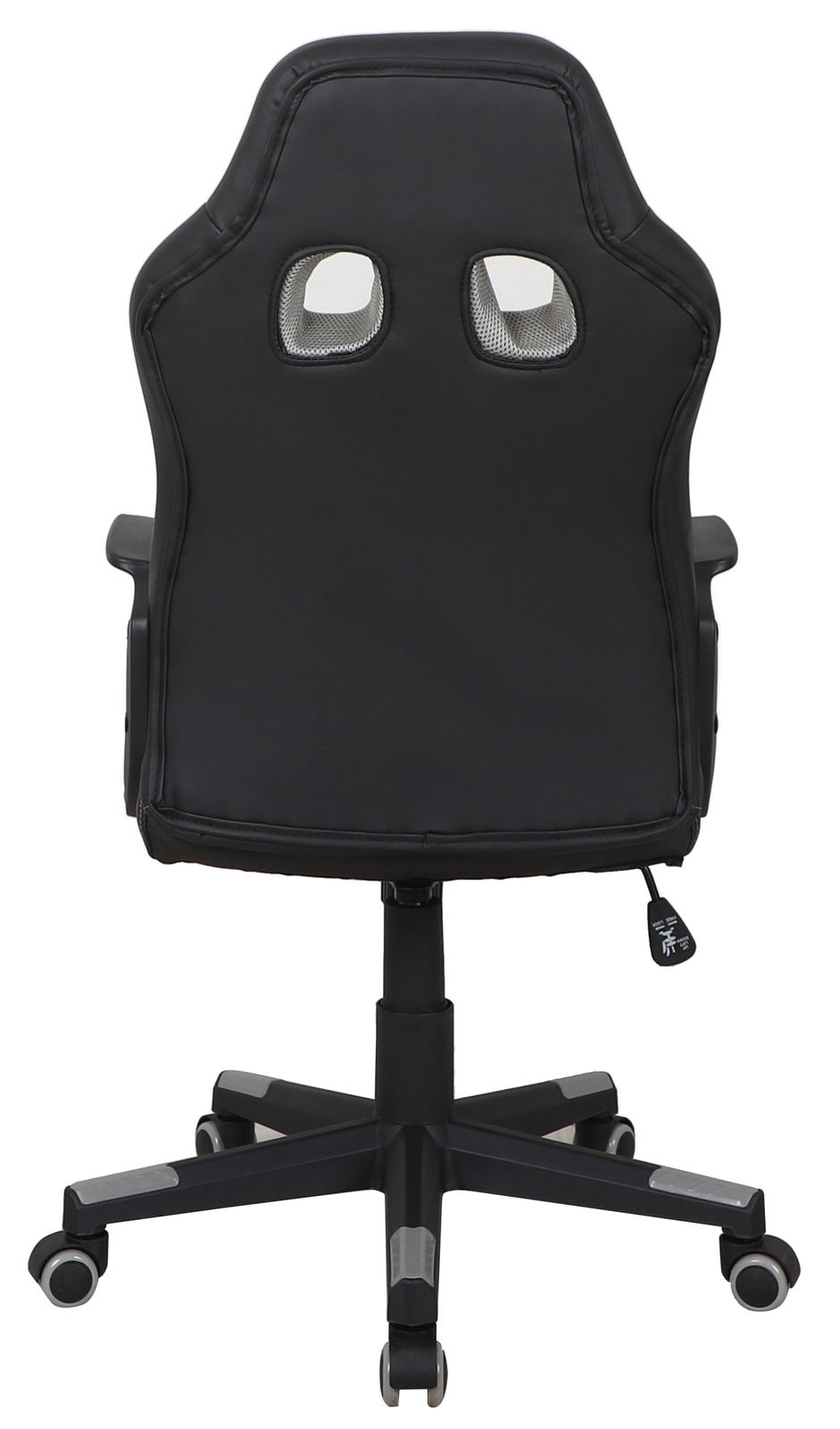 Rückansicht eines schwarzen Gaming-Stuhls mit ergonomischem Design und Rollen.