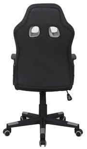 Rückansicht eines schwarzen Gaming-Stuhls mit ergonomischem Design und Rollen.